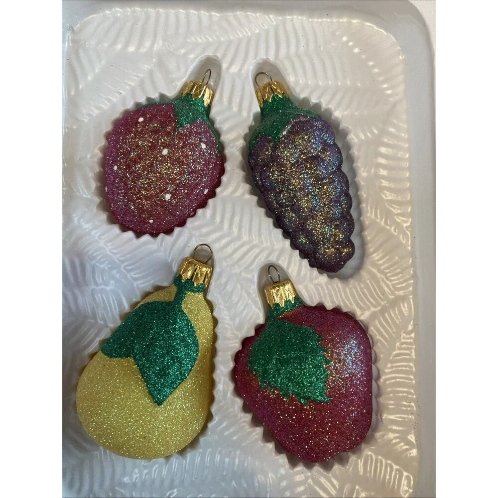 4 Vintage Christmas Glass Fruit Ornament Glittered 2002 Target Pear Apple Large